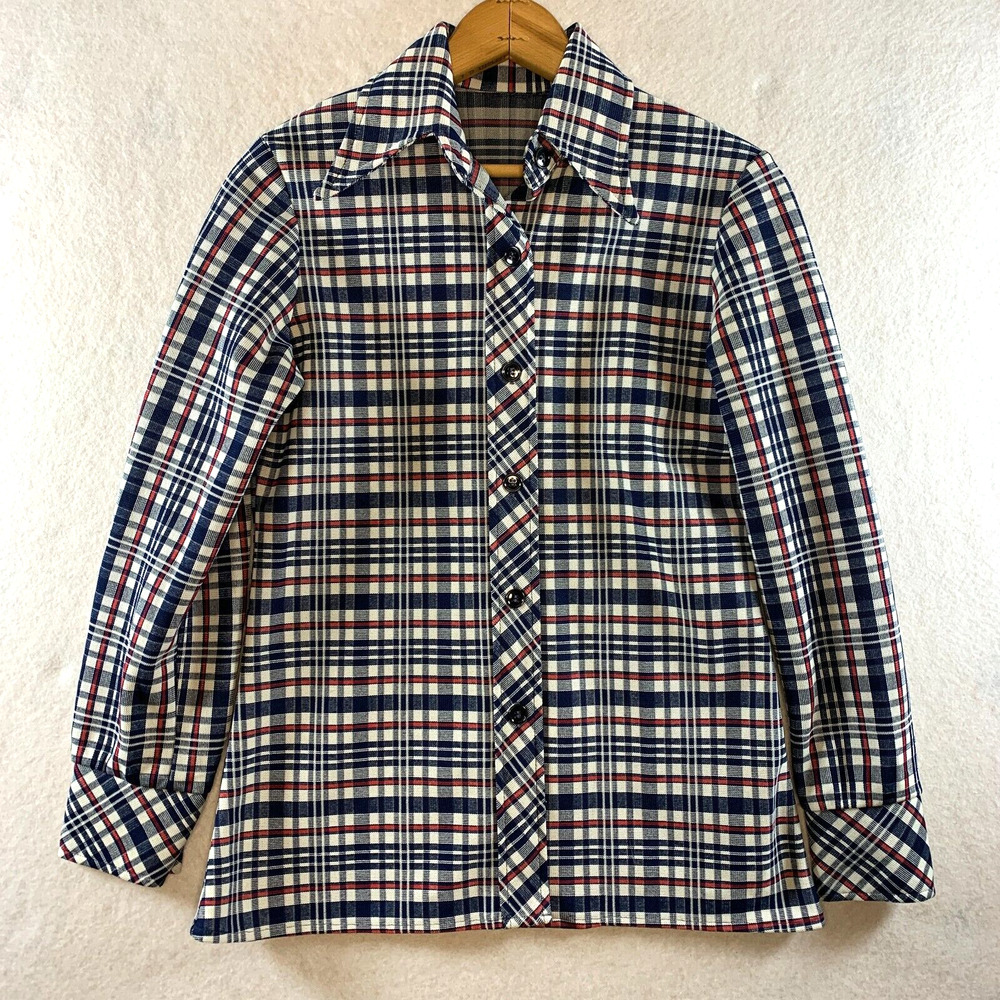 VTG 70s Women Plaid‎ Button Top Sz XS Cottage Western Grunge Dagger Collar